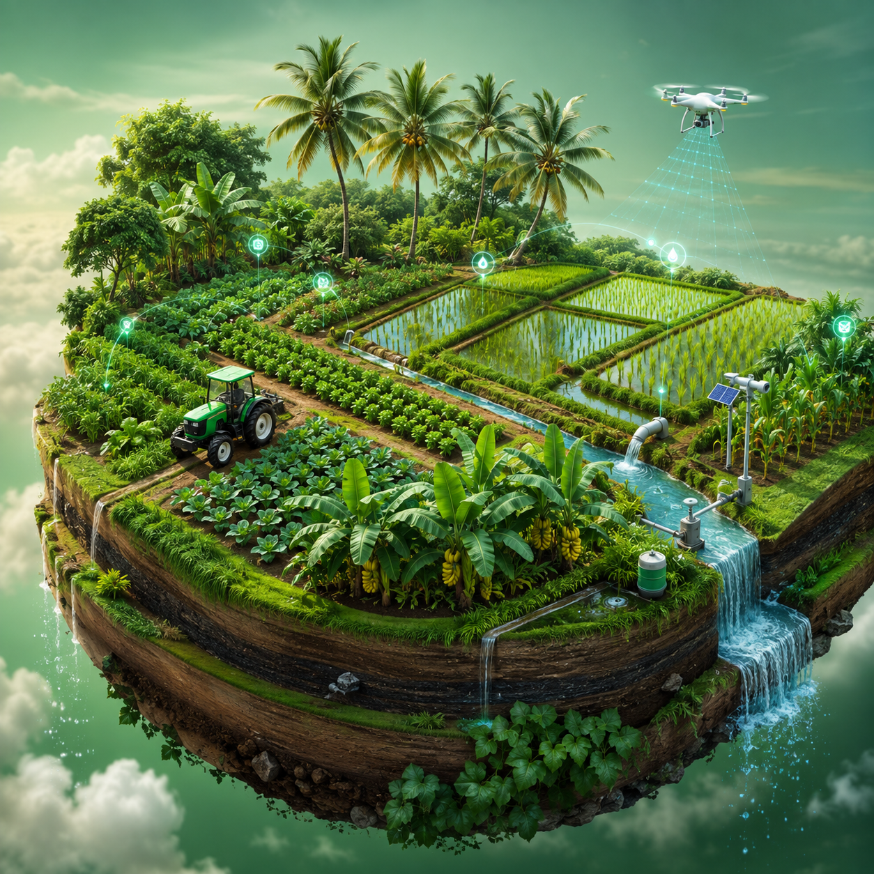 3D South Indian smart farming landscape with CropPulse mobile application